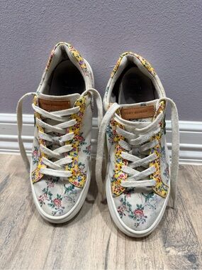Tory Burch Floral Canvas Lace-Up Sneakers in Cream with Yellow Trim